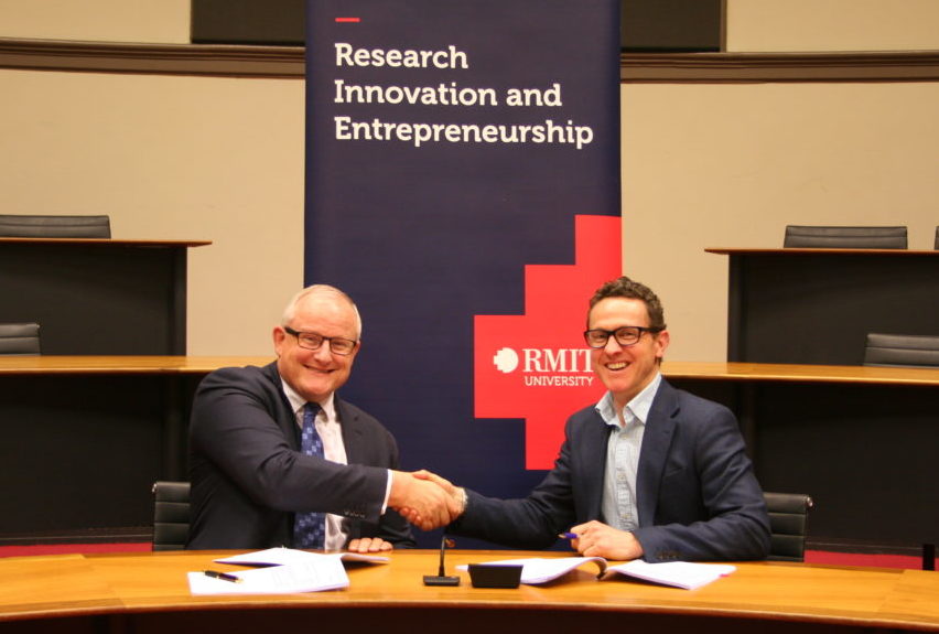 RMIT Deputy Vice-Chancellor Research and Innovation and Vice-President, Professor Calum Drummond (left), and Atmo CEO Mal Hebblewhite at the signing.