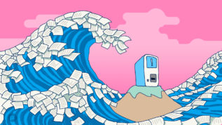 Illustration of tidal wave hitting point-of-care device on island.